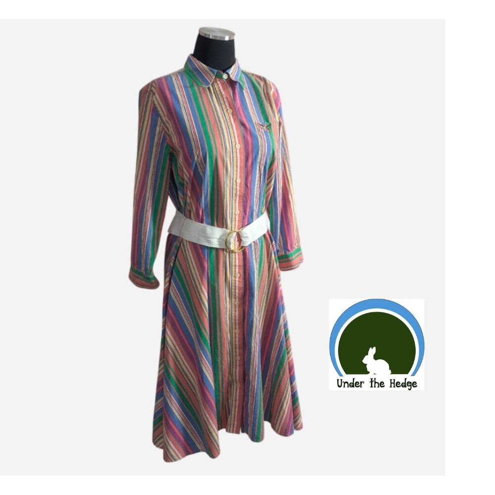 Vtg American Living Multi Stripe Belted Shirt Dress Size 12 Preppy Cotton o2